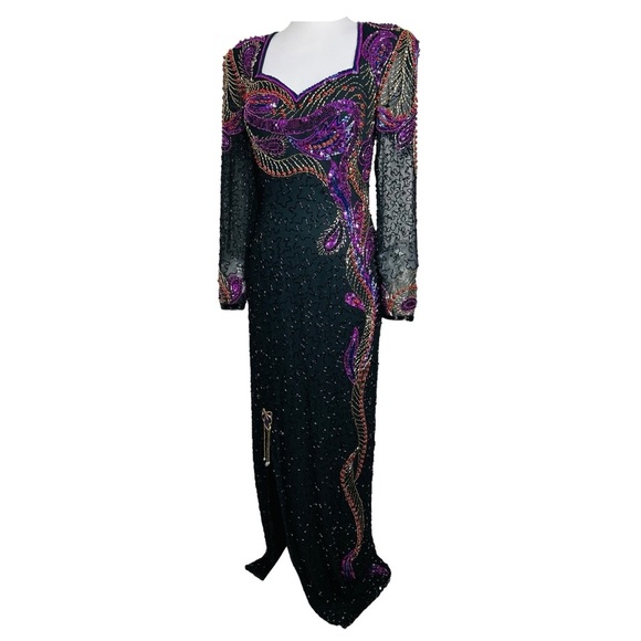 Vintage Alyce Designs Beaded Sequin Dress Black Purple Long Sleeve Evening Gown - Picture 4 of 12